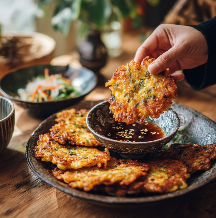 가정집 접시에 담긴 감자전을 짚는 모습