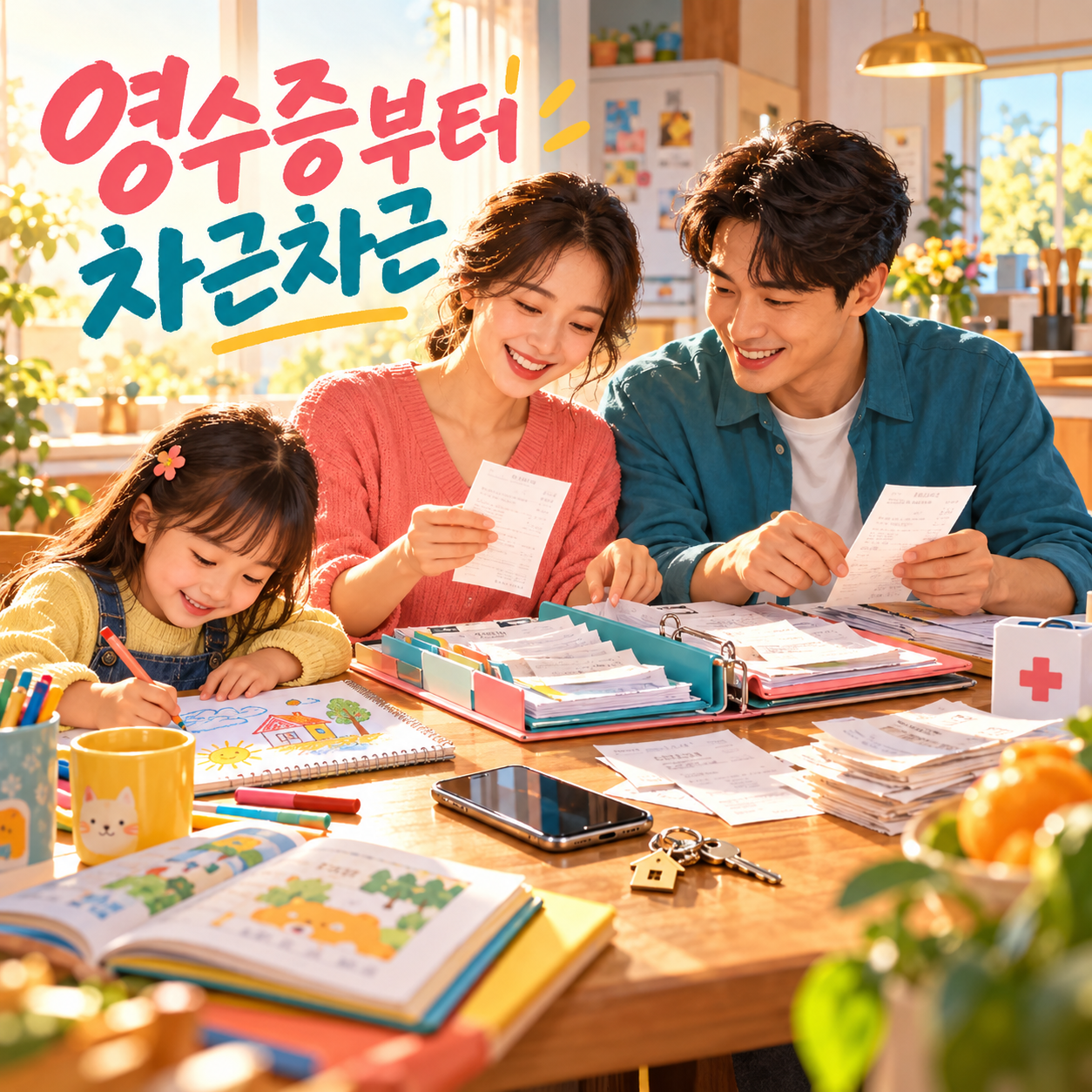 가족이 교육비 의료비 월세 증빙을 함께 정리하는 일러스트