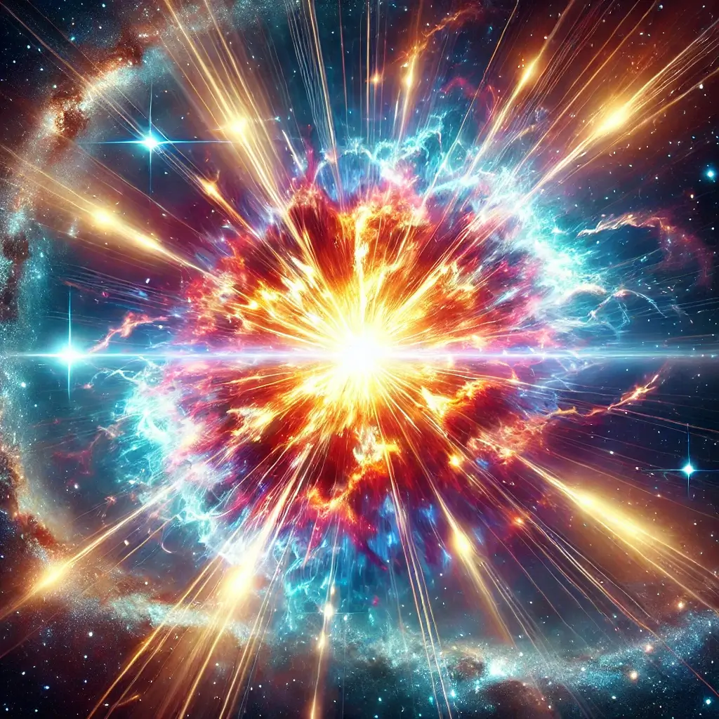 감마선 폭발과 관련된 이미지, 가온데 큰 폭발이 일어나고 있고, 빛을 여러갈래로 파장형태로 퍼져나가고 있다.
