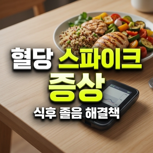 OKK 건강 정보 연구소의 3D 렌더링 블로그 썸네일 이미지. 식탁 위에는 혈탕스파이크 음식과 혈당측정기가 놓여져있고 혈당 스파이크 증상 식후 졸음 해결책 한글 제목이 명확하게 포함되어 있음.