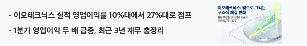 이오테크닉스 주가 전망: '이오테크닉스 실적 영업이익률 10%대에서 27%대로 점프'라는 문구가 포함된 웹배너 이미지. 이 이미지는 이오테크닉스의 최근 3년 실적과 수익성 개선을 시각적으로 전달하며, 블로그의 이오테크닉스 주가 전망과 관련된 내용을 설명함