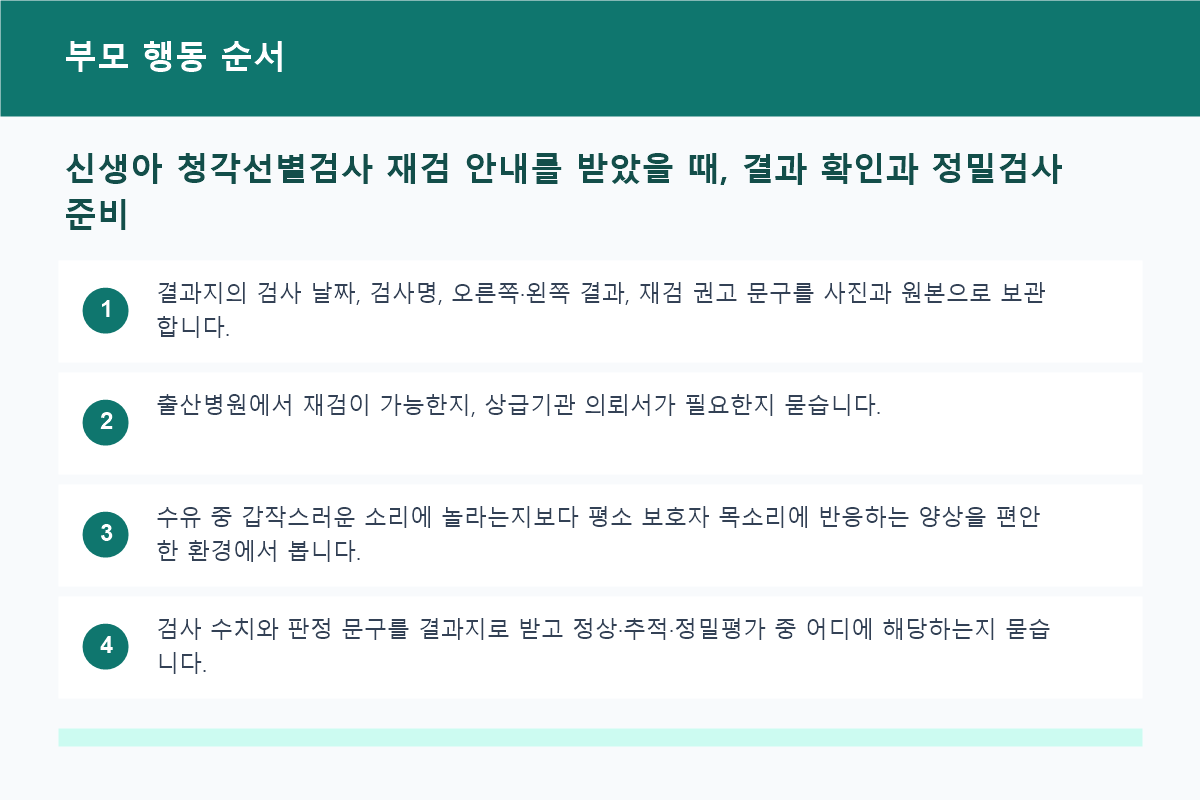 신생아 청각선별검사 재검 안내를 받았을 때, 결과 확인과 정밀검사 준비 부모 행동 순서 정보 이미지