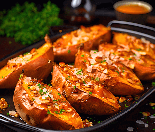 그릴에 반으로 자른 군고구마들이 가득하다. 누렇게 잘 익은 군고구마들이다.