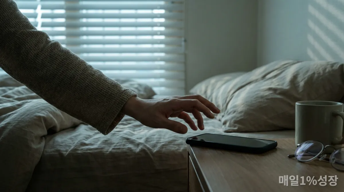 아침에 침대에서 스마트폰을 들고 망설이는 한국인의 손