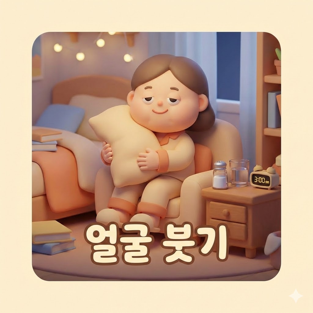 아침에 얼굴이 살짝 부어 피곤해 보이지만 귀여운 표정을 짓고 있는 3D 카툰 캐릭터. 잠 못 이루는 밤, 짠 음식, 물 부족 등 얼굴 붓기의 흔한 원인을 은유적으로 표현한 장면.