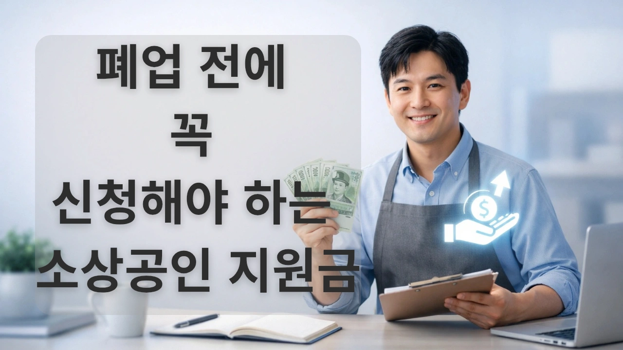 정부 지원금을 받은 한국 소상공인이 돈과 서류를 들고 있는 모습, 금융 지원 및 정책 혜택 개념 이미지