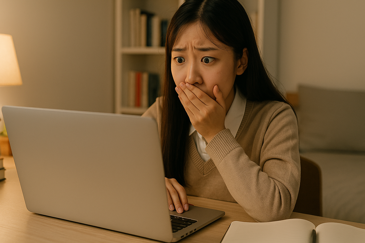 노트북으로 대학 합격을 확인하고 있는 학생