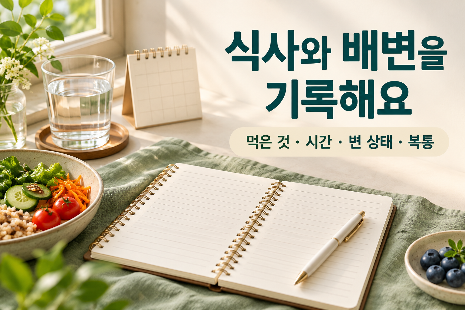 창가의 펼친 공책과 펜, 물컵, 탁상 달력