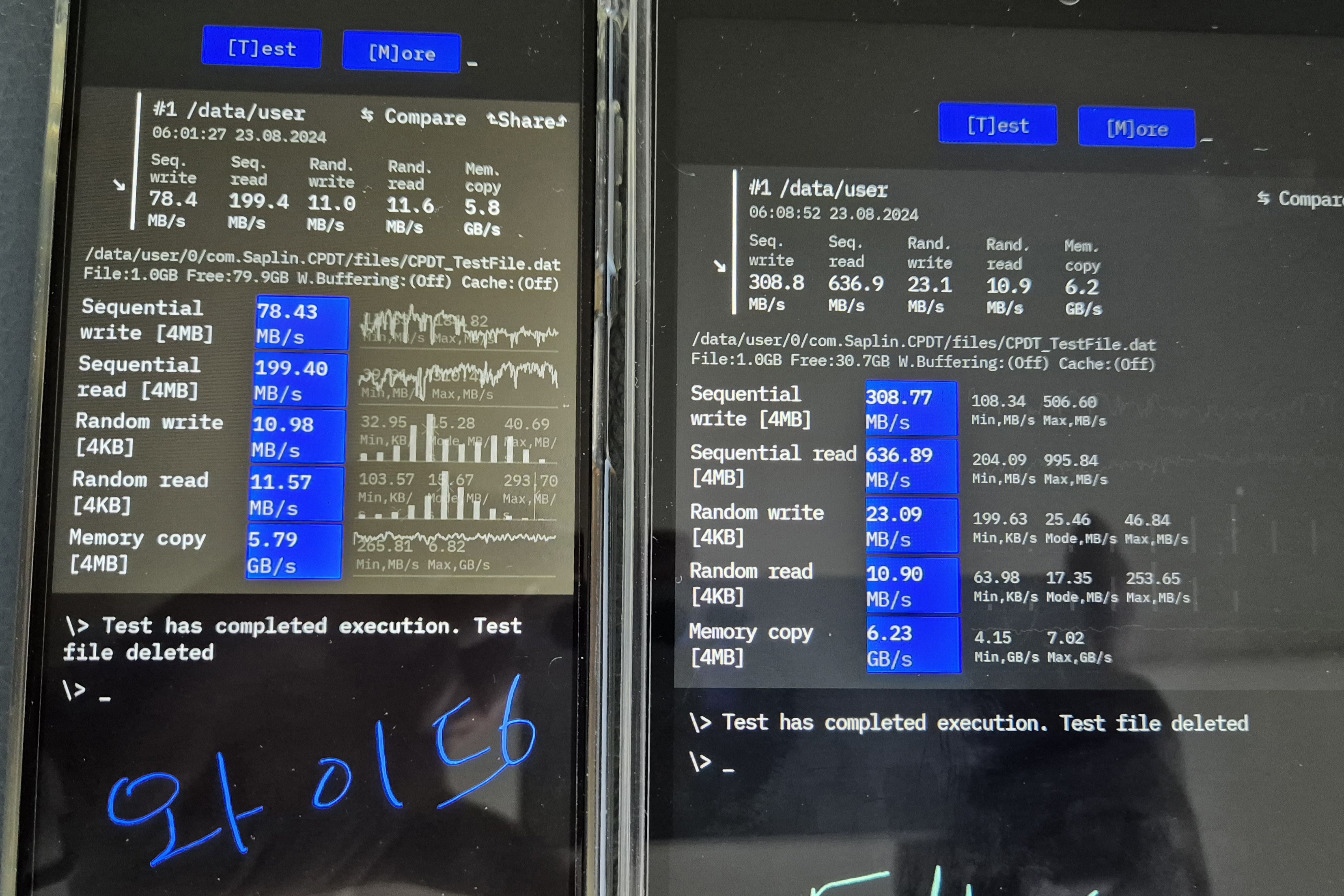 갤럭시와이드6와 갤탭A9 속도 확대사진