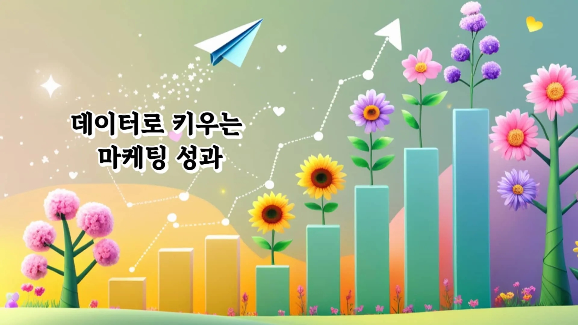 '데이터로 키우는 마케팅 성과'라는 문구가 포함된 리스닝마인드 대표 웹배너 이미지. 이 이미지는 막대그래프가 다양한 색깔의 꽃으로 형상화되어 데이터 분석을 통한 마케팅 성장과 성과 향상을 시각적으로 전달하며, 블로그의 리스닝마인드 활용법 완벽 가이드와 관련된 내용을 설명함 (data-driven marketing growth, search data analytics, business performance visualization)