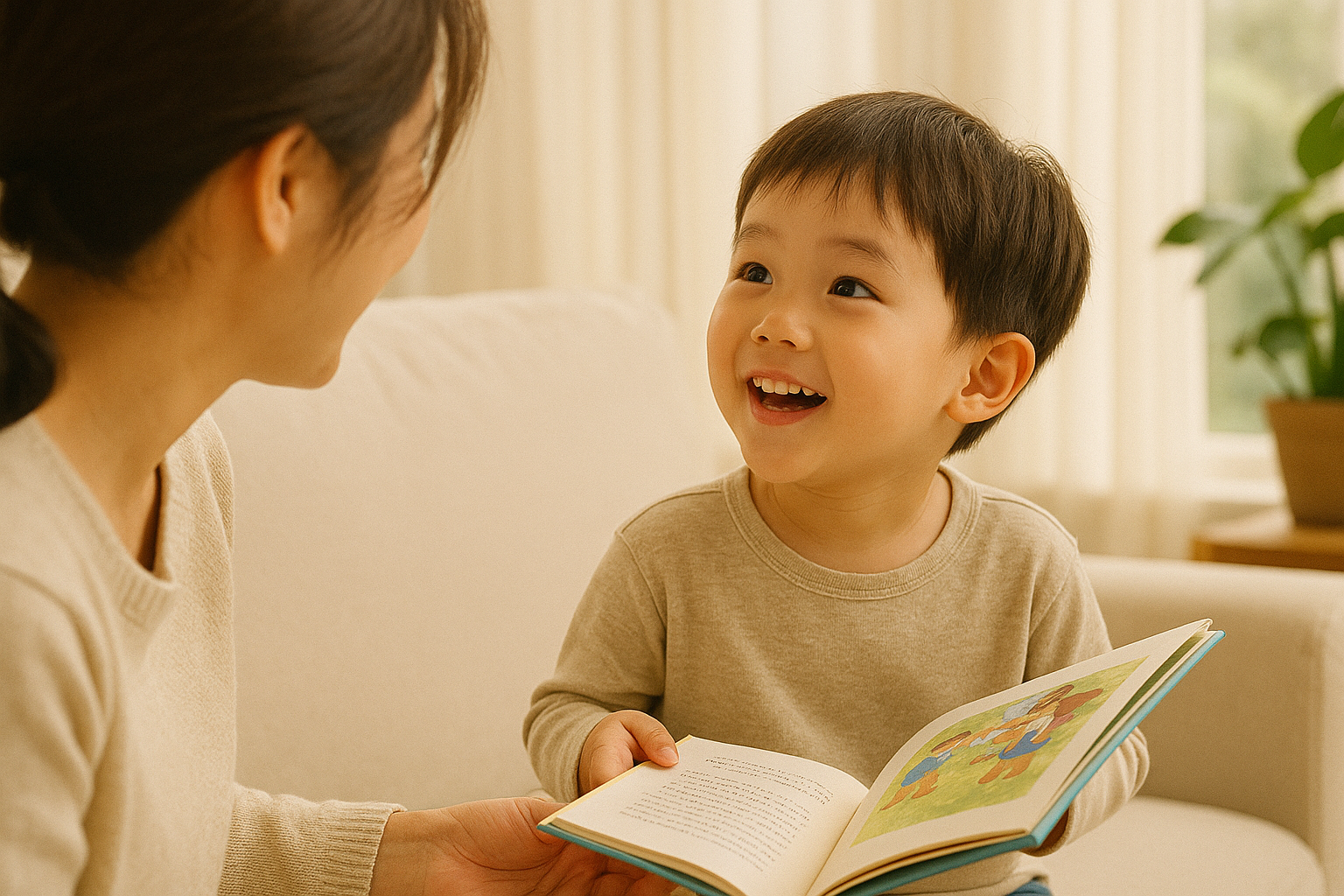 남자 아이가 엄마랑 밝게 웃으면서 대화하는 사진