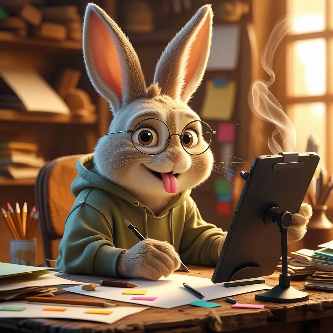 Leonardo AI 로 생성한 책상에 앉아 태블릿을 앞에 두고 애니메이션 작업을 하고 있는 토끼 이미지.