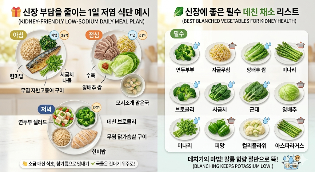 신장에 좋은 저염식단과, 데친 채소리스트