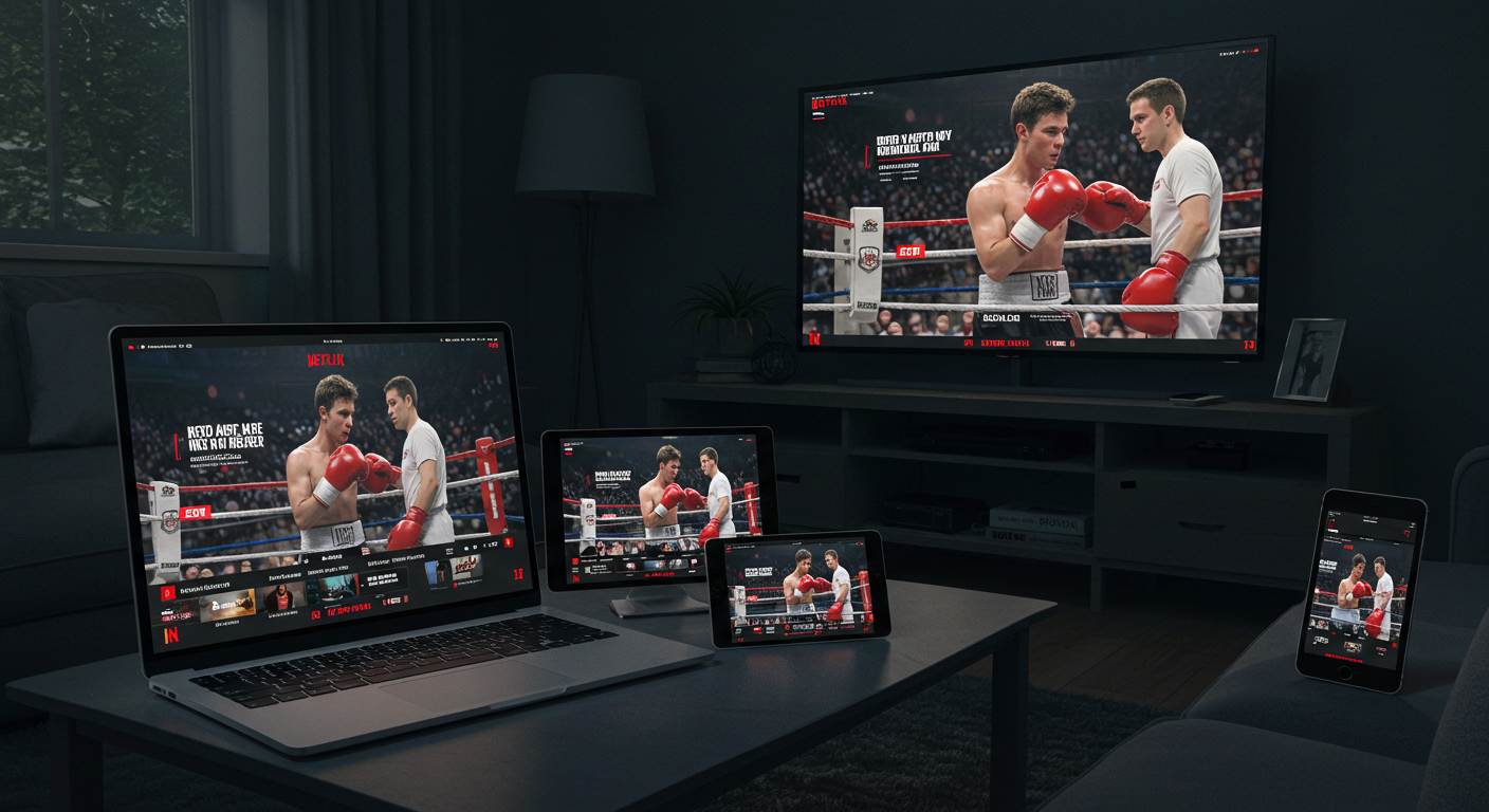 다양한 기기로 넷플릭스 복싱 경기를 시청하는 장면