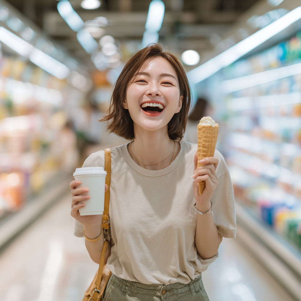 마트에서 바닐라 라떼와 바닐라 아이스크림을 양손에 들고 기뻐하는 20대 여성