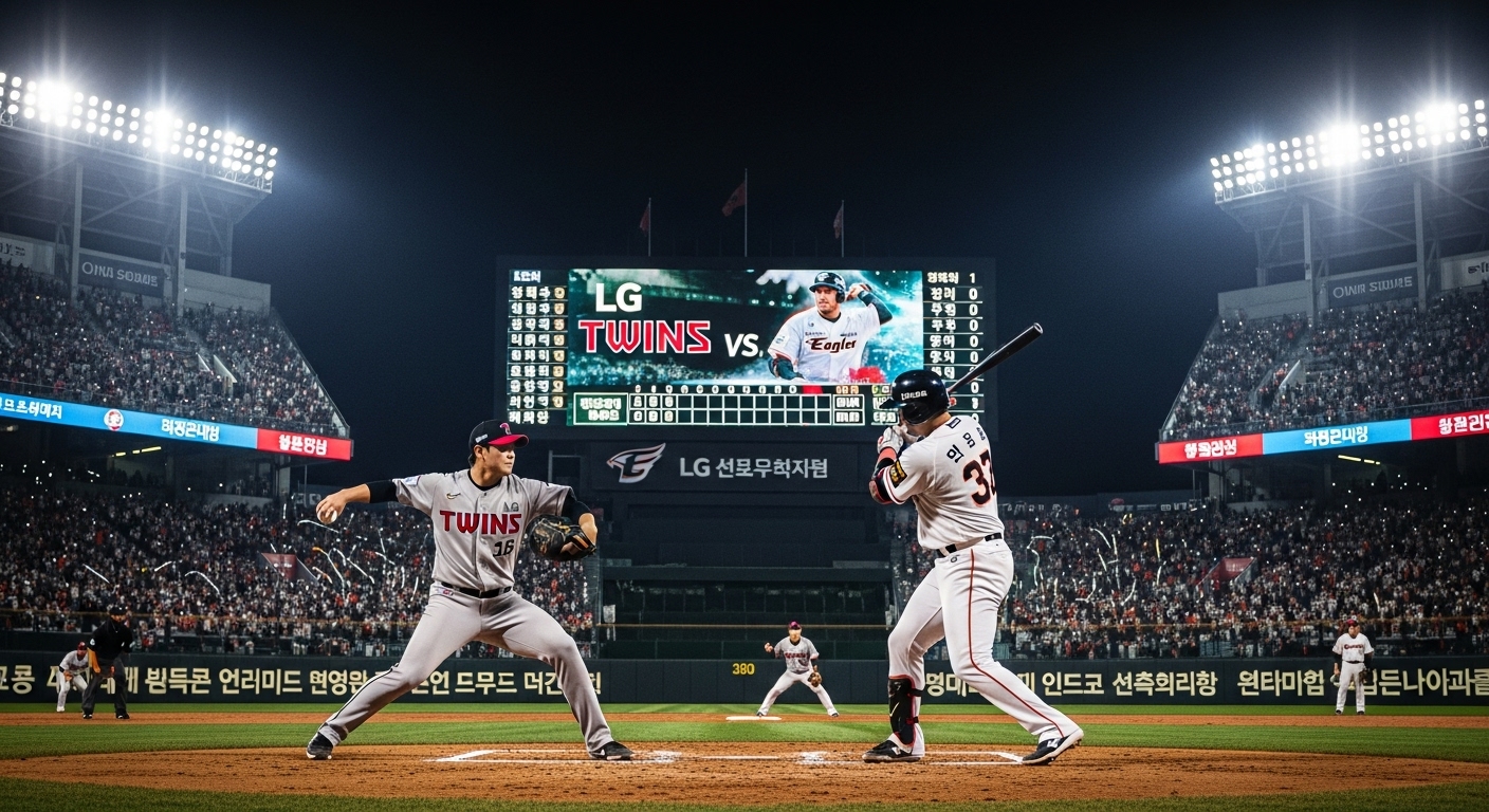 2025 한국시리즈 3차전, LG 트윈스와 한화 이글스 선수들이 치열하게 맞붙는 야구 경기장면. 투수가 힘껏 공을 던지고 타자가 배트를 휘두르려는 역동적인 모습이 담겨 있으며, 관중들의 열띤 응원이 배경을 가득 채웁니다. 승부가 예측 불허인 긴장감 넘치는 분위기입니다.