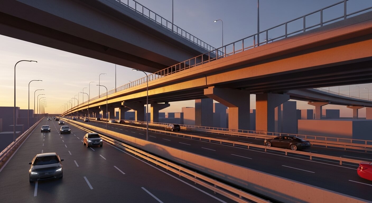 교차하는대교위의 자동차