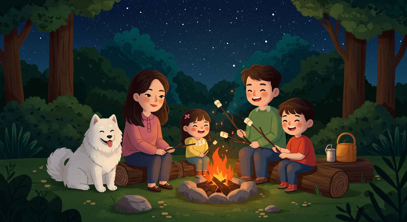 A colorful cartoon-style Korean family (mom, dad, girl, boy, dog) sitting around a campfire in the woods, cooking marshmallows and laughing under the stars