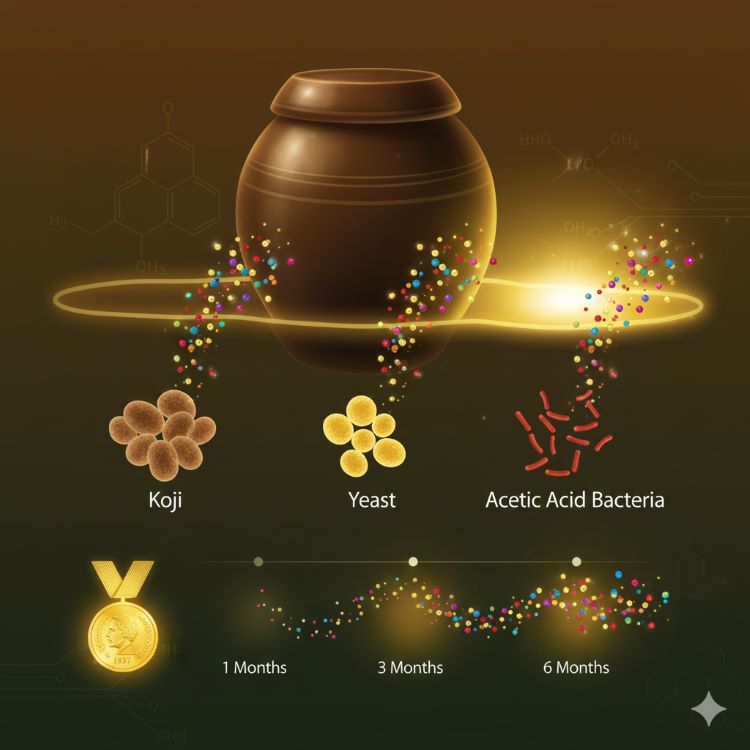 발효 과정에서 미생물이 효소를 생산하는 모습을 보여주는 과학 일러스트레이션. 중앙에 3가지 미생물(곰팡이-갈색, 효모-노란색, 아세트산균-빨간색)이 각각 효소 분자를 방출하는 모습. 배경에는 발효 옹기 항아리와 시간 경과를 나타내는 타임라인(1개월&rarr;3개월&rarr;6개월). 각 단계마다 효소가 축적되는 모습을 밝기로 표현. 1897년 부흐너 노벨상 메달 아이콘. 과학적 정밀함과 전통의 조화, 브라운-골드-그린 그라데이션