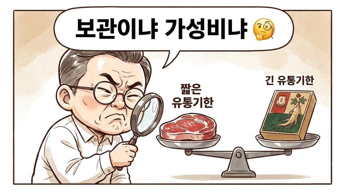 한우의 짧은 보관 기한과 홍삼의 가성비를 돋보기로 꼼꼼하게 대조하며 고뇌하는 시사만화 캐릭터
