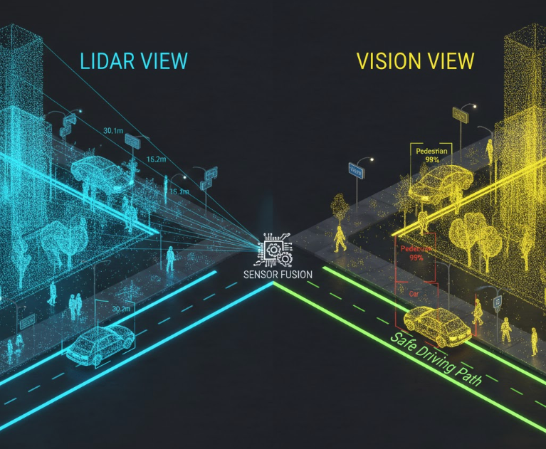 레이저를 통해 주변 사물의 3D 형상을 정밀하게 측정하는 라이다(LiDAR) 기술과 카메라 영상을 AI로 분석해 사물의 종류를 식별하는 비전 센서 기술의 차이점 및 통합 프로세스를 보여주는 자율주행 인식 시스템 인포그래픽 이미지.