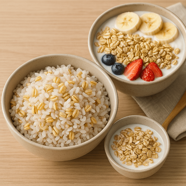 귀리가 들어간 귀리밥과 오트밀이 들어간 요거트볼