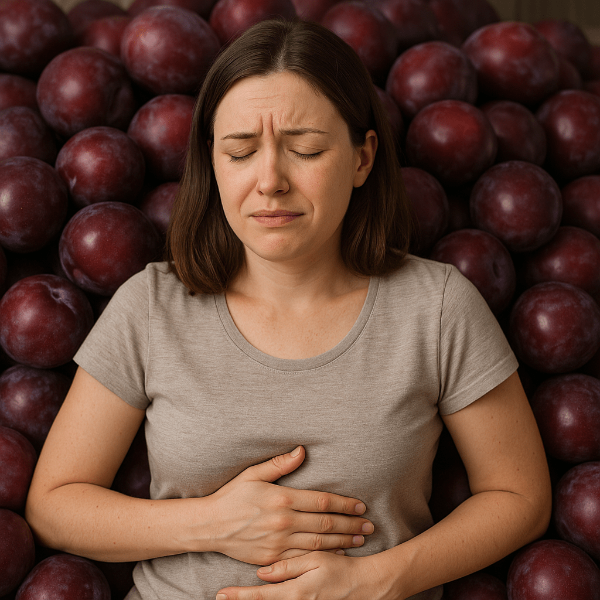 자두로 인해 복통을 호소하는 여성
