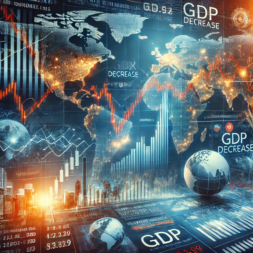 "글로벌 경제 불확실성으로 인한 주가 하락 차트. 경제 침체, GDP 감소, 금리 인상 등의 요소가 반영된 금융 시장 그래프."