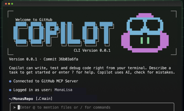 GitHub Copilot CLI terminal interface showing AI-powered coding assistance and natural language command processing