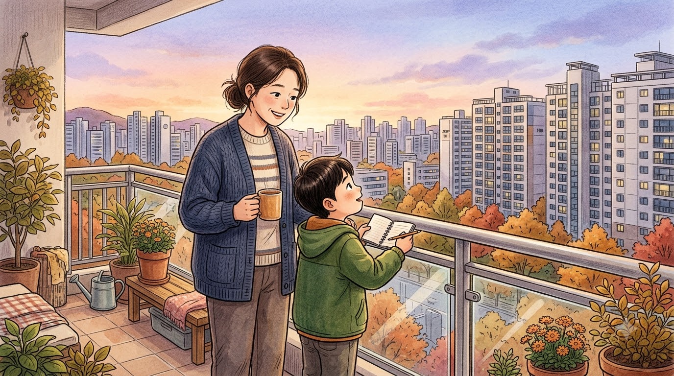 아침 하늘을 관찰하는 부모와 아이