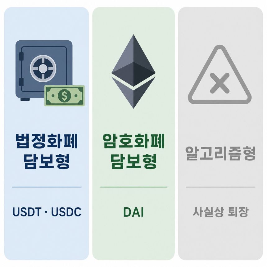 스테이블코인 종류 3가지 비교 - 법정화폐 담보형, 암호화폐 담보형, 알고리즘형 인포그래픽