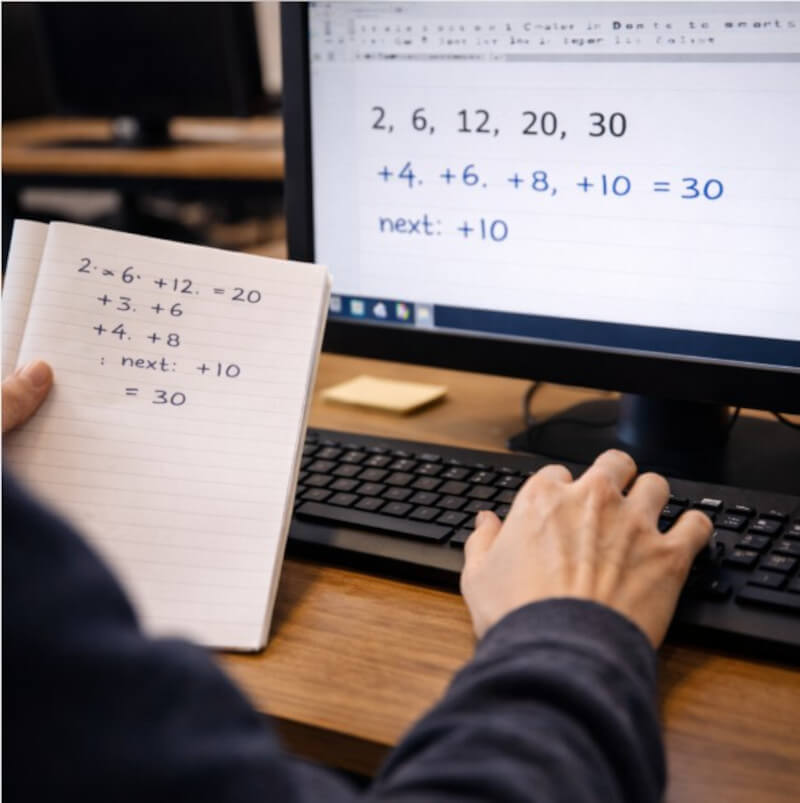 공책에 적힌 풀이를 다시 확인하며 키보드로 하나씩 입력을 이어가는 과정의 손 움직임