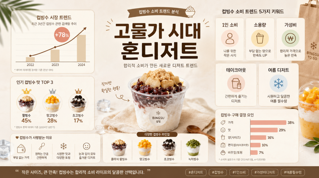 고물가 시대 1인 소비와 소용량 디저트 트렌드를 설명하는 컵빙수 인포그래픽