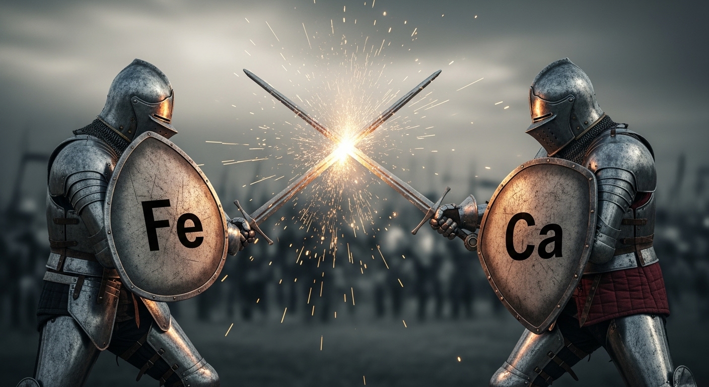 철분(Fe)과 칼슘(Ca)이 서로 격렬하게 경쟁하는 것을 상징하는 이미지