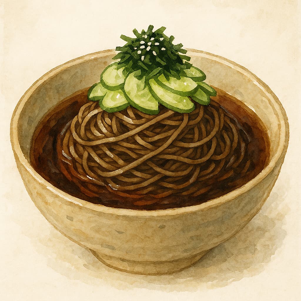 일본식 냉모밀 요리를 젓가락으로 먹는 모습