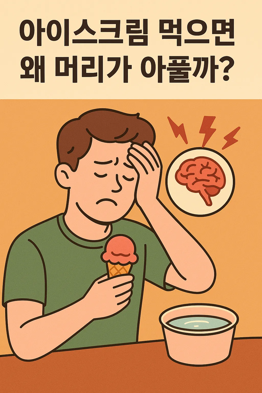 아이스크림을 먹다 머리를 감싸며 통증을 느끼는 남성의 일러스트