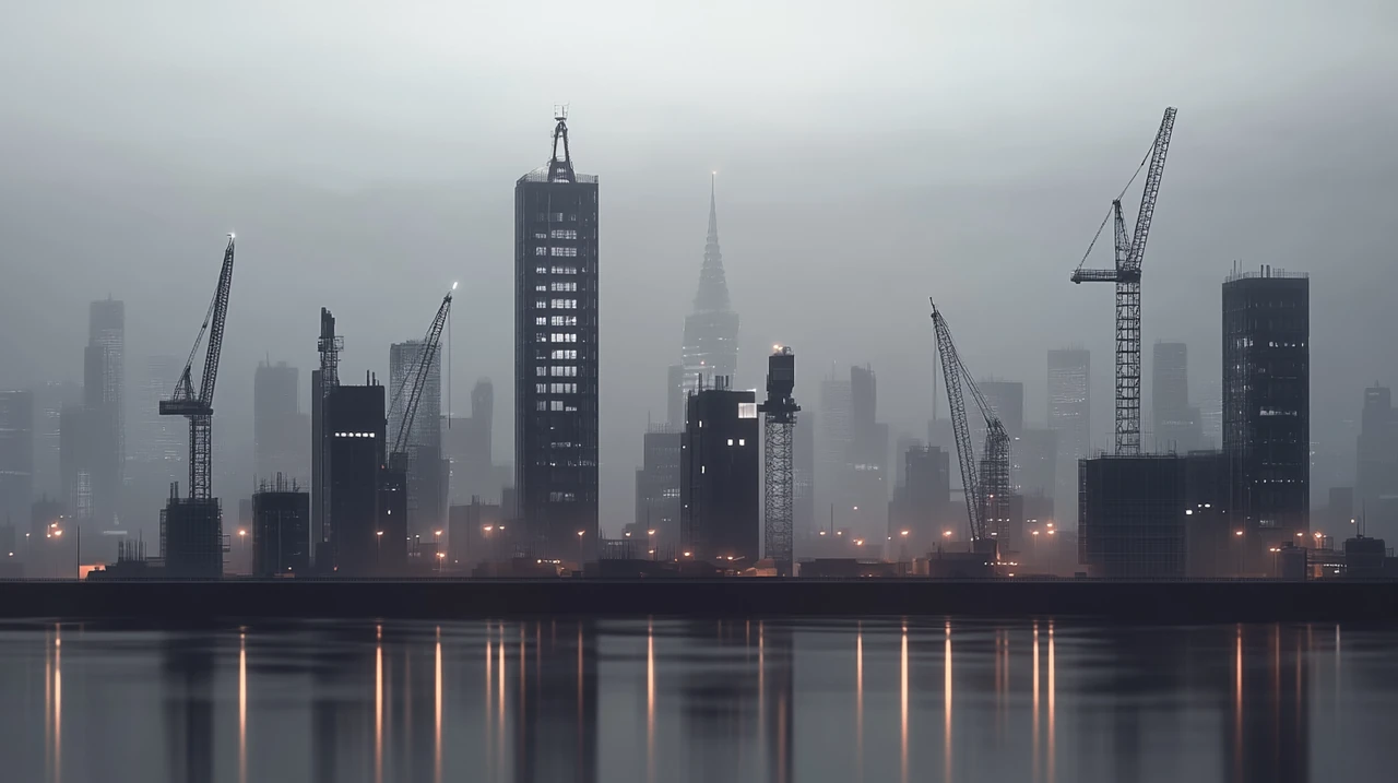 미래의 첨단 도시 스카이라인과 조화로운 건설 및 AI 반도체 산업, 부드러운 조명이 성장과 혁신을 반영