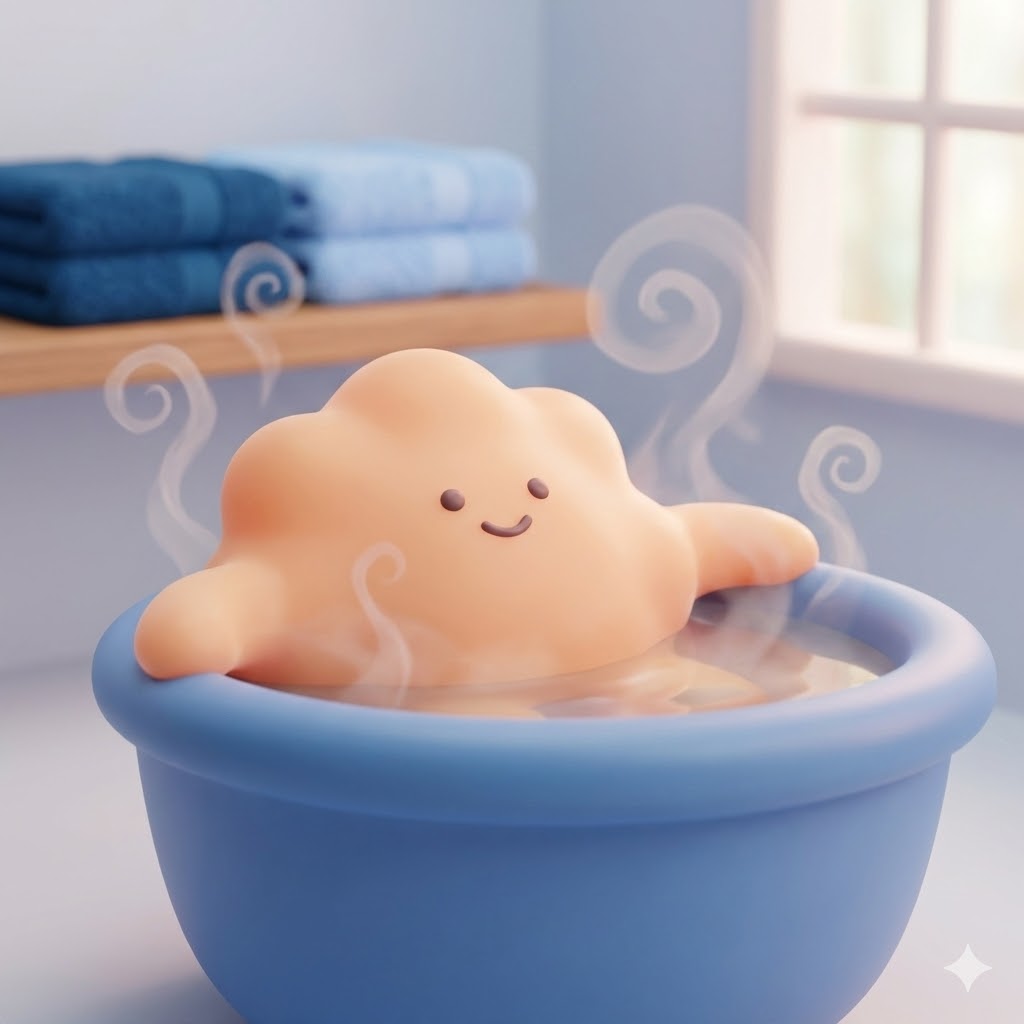 따뜻한 물에 좌욕하며 편안함을 느끼는 귀여운 캐릭터. 치질 증상 완화에 도움이 되는 자가치료법을 상징합니다.