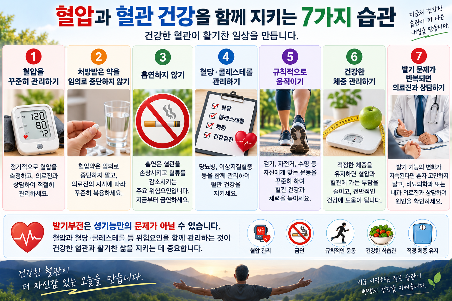 혈압과 다른 위험요인 관리 및 반복되는 발기 문제의 상담을 안내하는 일반 관리 그림