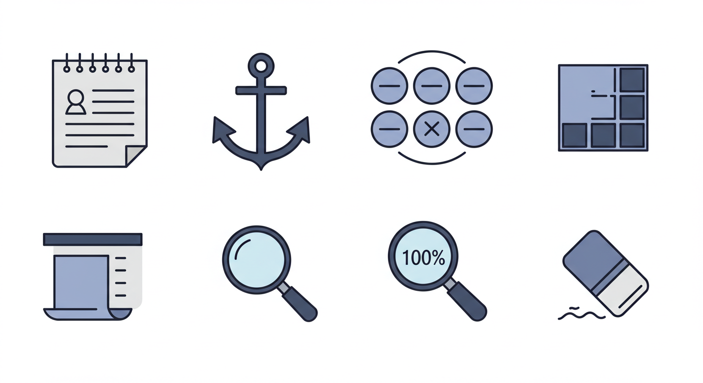 기상 기록, 주제 고정, 네거티브 세트, 배치 생성, 확대 선별, 업스케일 클린업을 상징하는 아이콘 일러스트