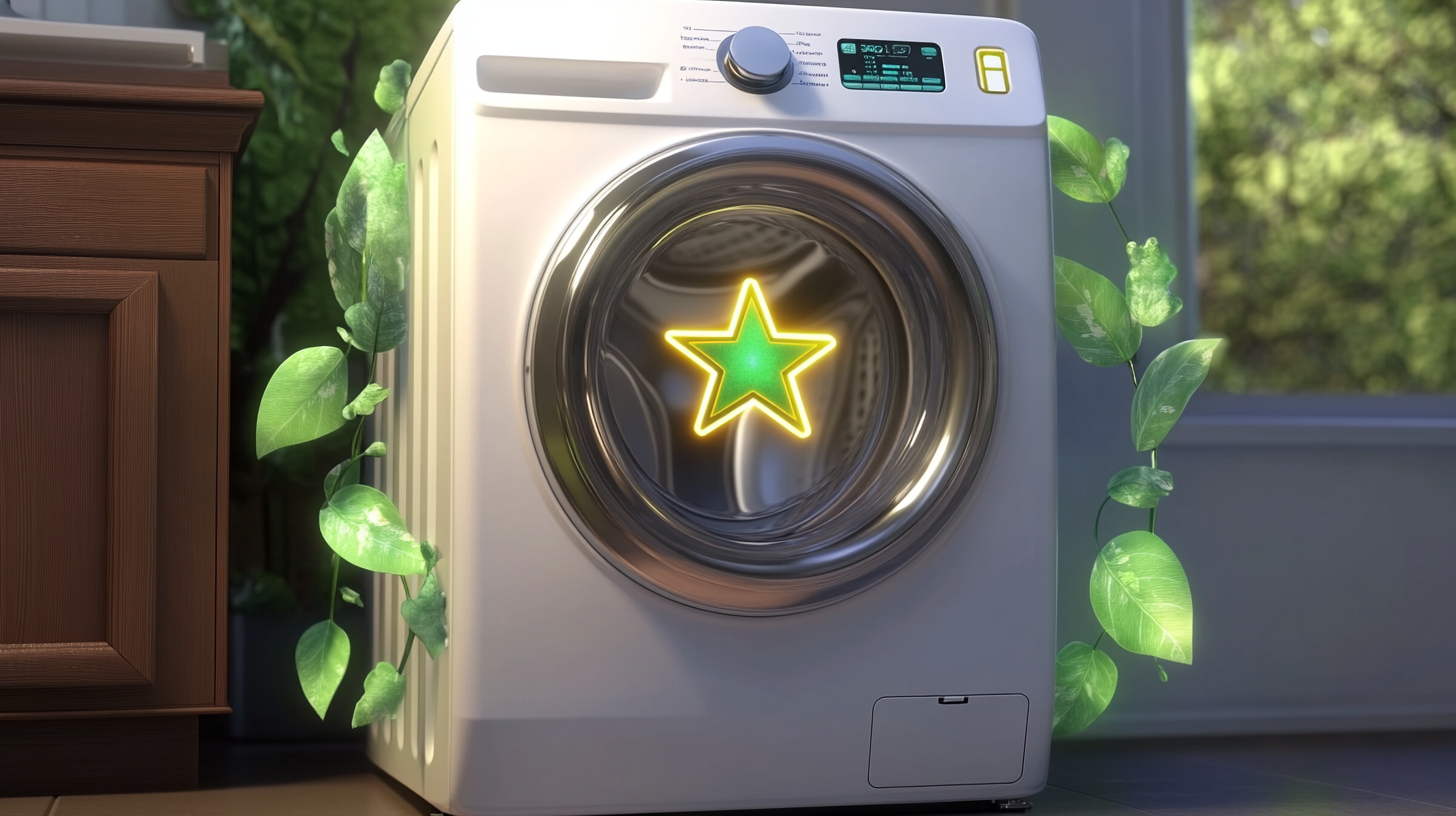빛나는 에너지 스타 심볼과 주변의 녹색 잎으로 표현된 삼성 세탁기의 에너지 효율성을 강조하는 컨셉 이미지