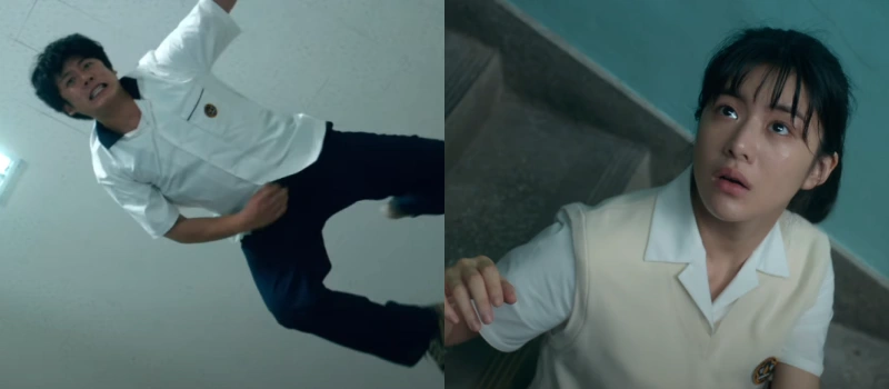 학교 계단에 공중 부양을 하고 있는 김봉석과 이를 보고 놀라는 장희수