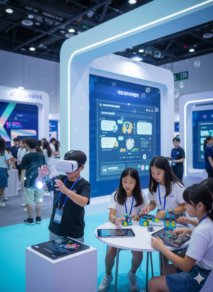 에듀테크 체험하는 사람들 또는 국제 학술대회장 전경 예상 이미지