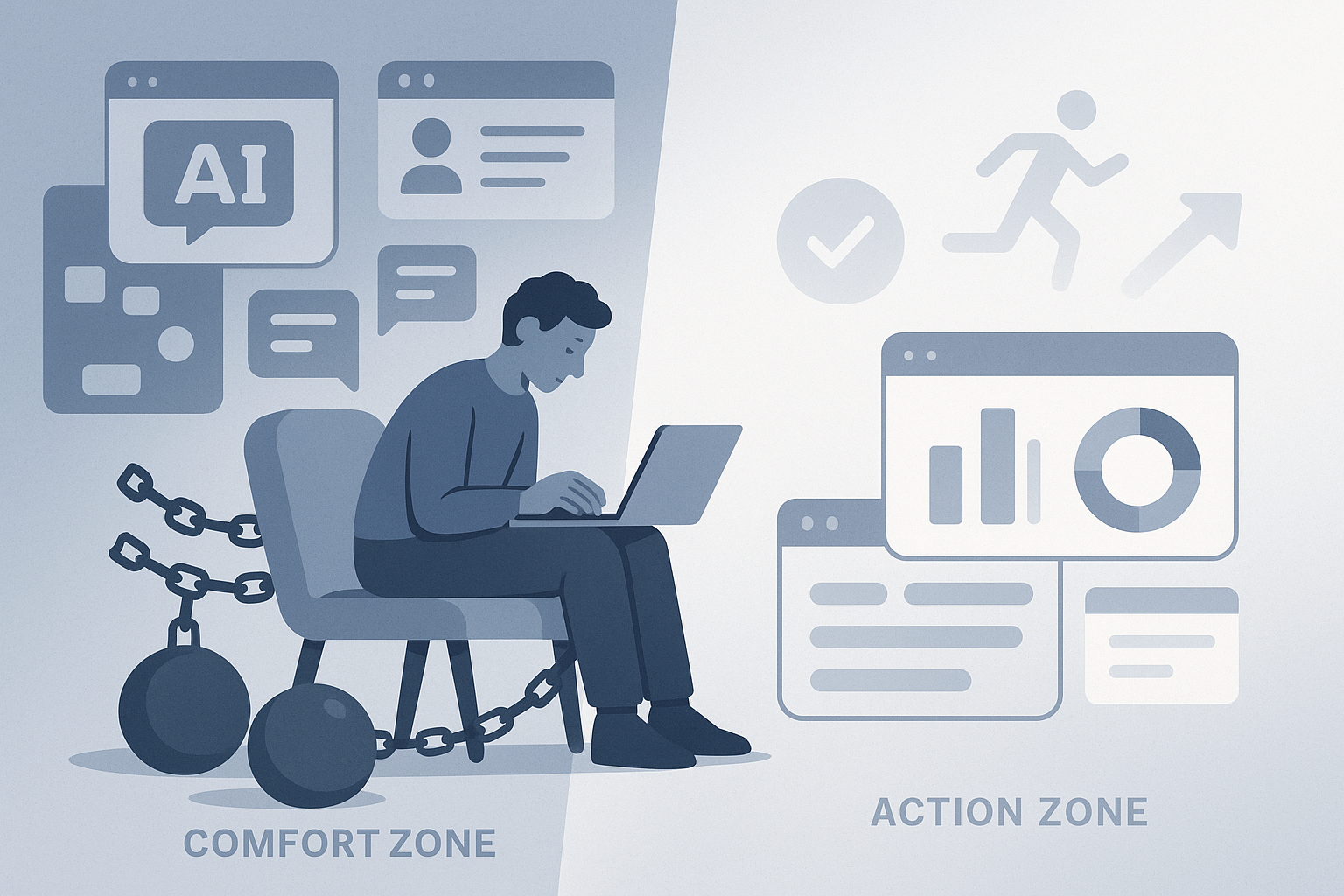 AI 과의존과 실행력 저하의 역설을 보여주는 개념 일러스트 - 여러 AI 화면과 채팅 인터페이스에 둘러싸인 사람이 편안한 영역에 앉아있지만 감소된 행동력을 상징하는 체인이나 무게추에 묶여있는 모습, 반대편에는 달리는 사람, 완료 체크 아이콘, 추진력 화살표 등 행동 상징들이 점점 희미해지는 시각적 은유로 구성