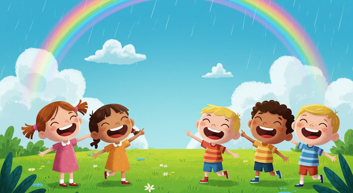 아이들이 무지개를 보며 즐겁게 웃는 모습