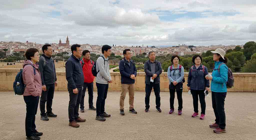 단체 패키지 여행에서 현지 가이드에게 설명을 듣고 있는 사진