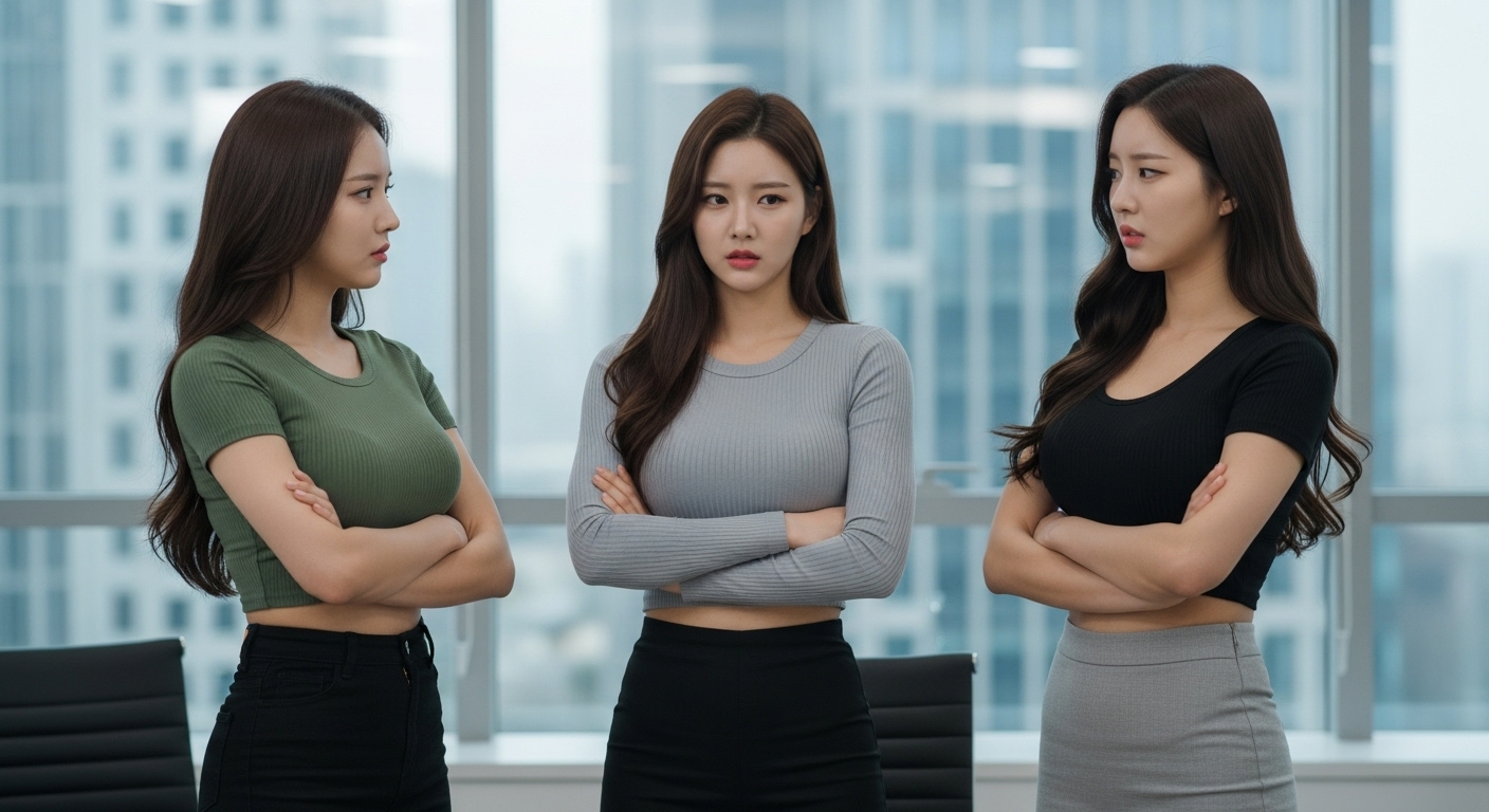 심각하게 이야기를 나누고있는 여자들.