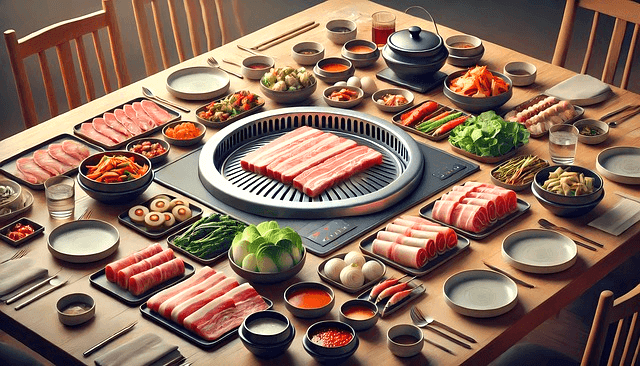 네모난 나무 식탁에 생고기와 야채가 푸짐하다. 상추, 고추, 삼장, 밑반찬이 있다.