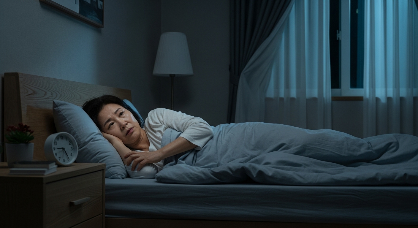 잠이 오지 않아 침대에 누워 창밖을 바라보는 50대 여성