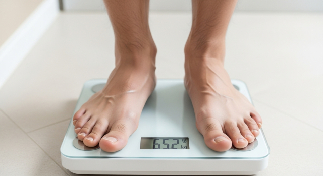 체중계 위에 올라선 사람의 다리와 숫자 표시